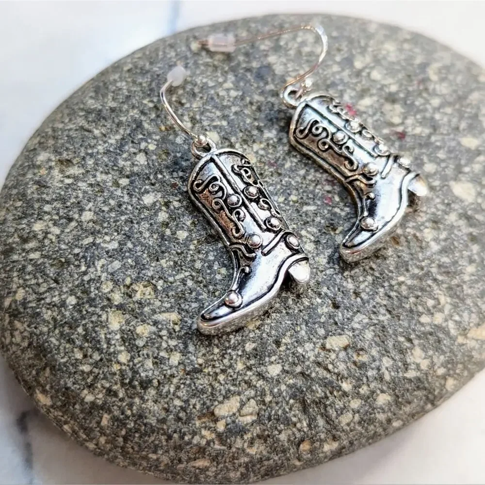 BOOTS Silver Western Cowgirl Cowboy Boots Hook Earrings with a Distressed Look